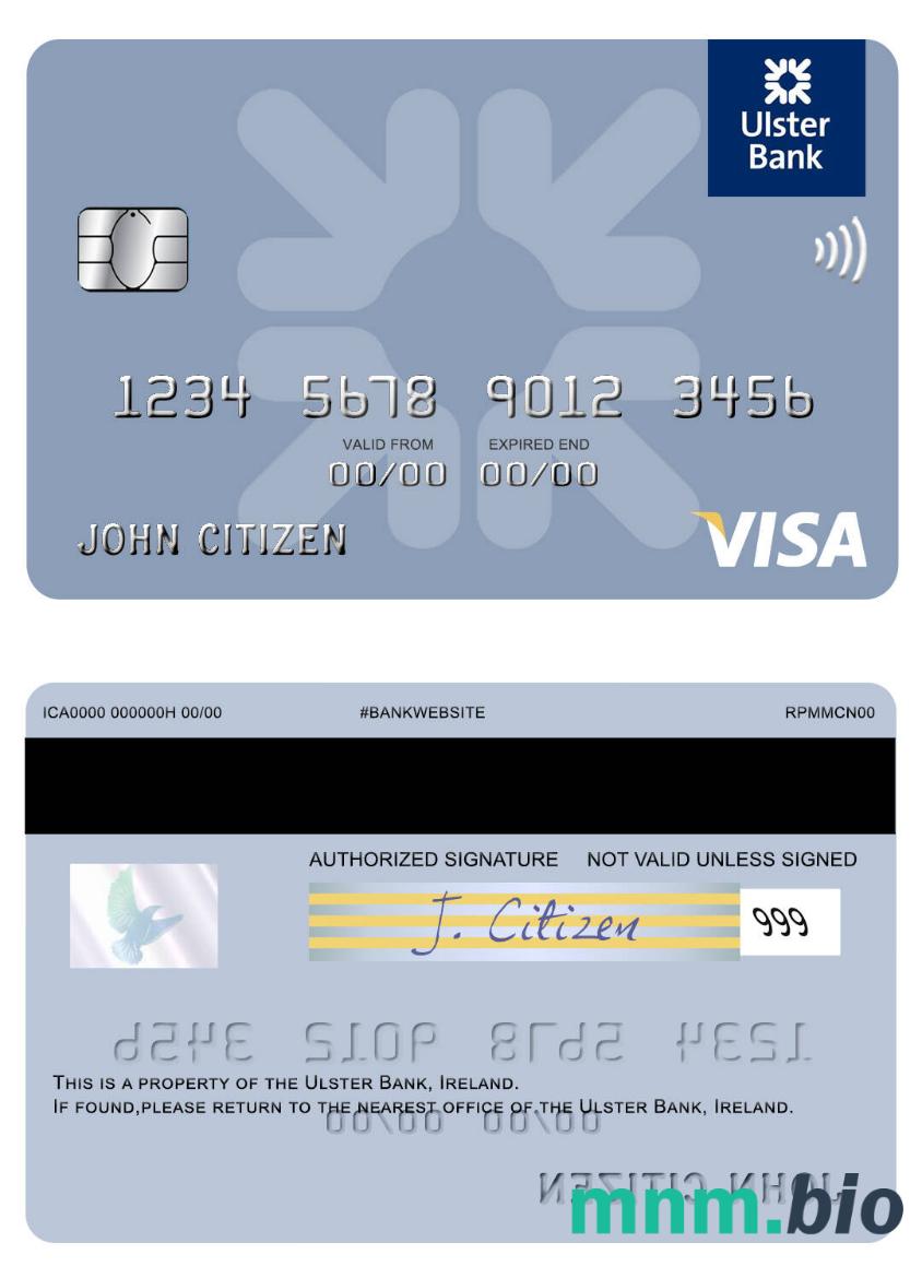 Ireland Ulster Bank Ireland przykład karty visa w formacie PSD